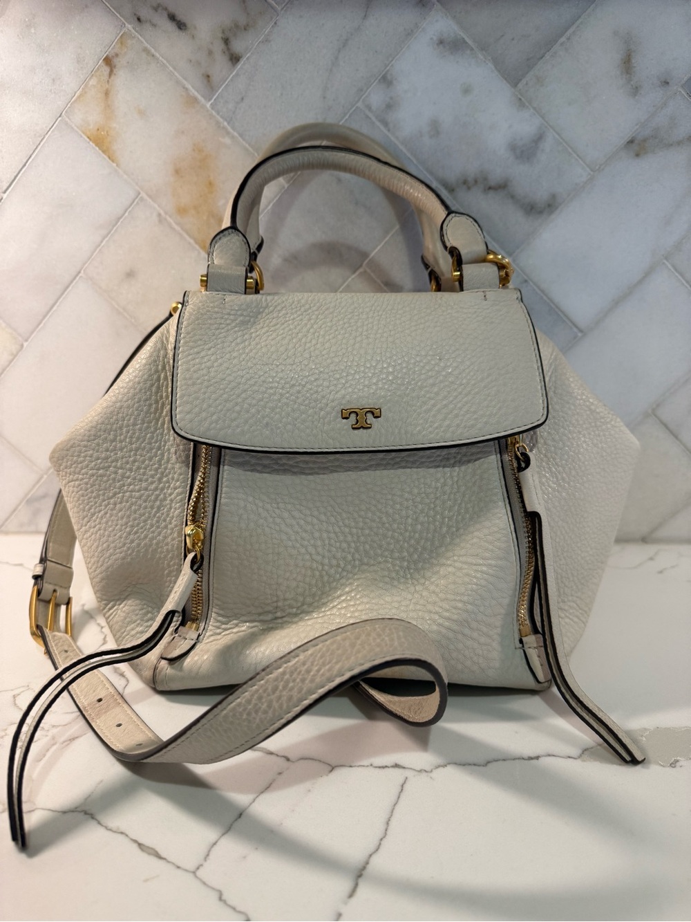 Tory Burch White Pebbled Leather Half Moon Satchel